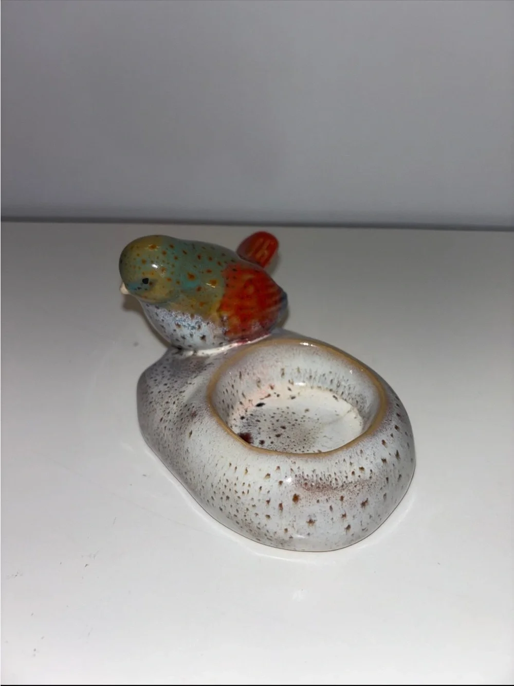 Vintage Ceramic shiny glazed multi color Bird Tea Light Candle Holder
